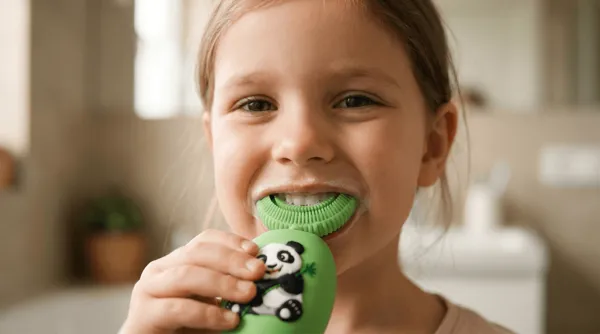 A smiling girl brushing her teeth with a green Dr. Tooti Panda sonic toothbrush