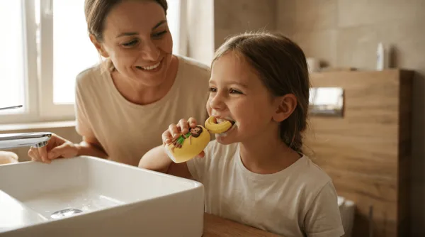 Mom smiles at her daughter, who is brushing her teeth with a yellow Dr. Tooti Lila sonic toothbrush in the bathroom
