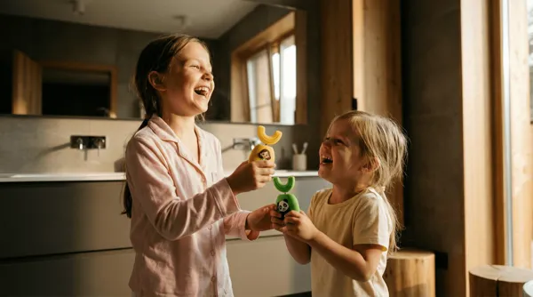 Two giggling girls in the bathroom holding Dr. Tooti sonic toothbrushes—yellow Lila and green Panda
