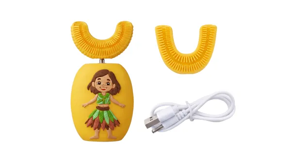 Dr. Tooti Lila Sonic Toothbrush Set – yellow toothbrush, replacement U-shaped brush head, and USB charging cable